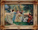 Lot 59: Vandenberg original oil painting on canvas depicting 7 women
frolicking in the forest, the image measuring 36" x 48" in a large gilt
frame, est. $800.00-$1,500.00