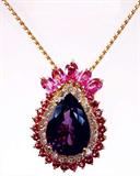 Lot 88: Gorgeous 14K enhancer / pendant set  with a central amethyst
approx. 10.39 carats surrounded by 21 round brilliant cut diamonds
approx. 1.68 carats TDW, clarity I1-2  colour H-J and surrounded by
22 round cut pink tourmalines approx. 2.20 carats TCW and crested
with 5 natural pink sapphires approx. 0.59 carats ea., 2.95 carats TCW
strung on a 14K link chain weighing 3.24 grams measuirng 18" long,
the pendant weighing 13.46 grams, estimated gold weight 10.0 grams 14K
appraised over $5,800.00, retailed at over $8,900.00 est. $1,500.00-$2,000.00