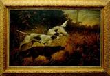 Lot 58: 19th century original oil on canvas (possibly English) depicting 3
hunting dogs on point (an Irish Setter, an English Pointer and an
English Setter) the painting rescued from a 1930's restaurant in
Kansas City, Missouri, the image measuring 30" x 49.5", mounted
in a period frame, no signature found, est. $400.00-$600.00