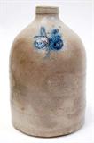 Lot 18: 19th cen. East Coast 11" stoneware pottery 1 gal jug with incised lip
and cobalt painted hallmark, excellent condition, est. $200.00-$300.00