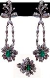 Lot 75: Estate 14K diamond emerald suite consisting of a pair of 2.5" drop
post earrings with flip up backs and a matching ring size 6-6 1/4, set  with
3 Columbial emeralds approx. 1.40 carats TCW qnd 33 round diamonds
approx. 1.40 carats TDW, weighing 22 grams, est. $1,400.00-$1,800.00