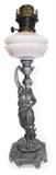 Lot 10: Beautiful Kerosene Lamp having figural base and a lovely patina, glass chimney included, measuring approx. 20" tall, c. 1860-1880