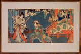 Lot 42: Utagawa Kunisada (1786-1865) triptych mid 19th cen., the image
 measuring 13.25" x 29", over all very nice condition, colours still
 vibrant, slight worm damage to top left and top right blocks,
 est. $235.00-$275