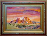 Lot 68: Fran Larsen (né 1937) original watercolour on board entitled "Monument
Valley Sunglow" the image measuring 19.5" x 30", very nicely framed measuring
32" x 42", gallery priced at $3,000.00, a listed artist, est. $500.00-$750.00