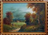 Lot : Lot 14: European oil on canvas pastoral landscape painting, the image
measuring 19" x 27", signed illegibly lower right, est. $150.00-$250.00