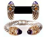 Lot 85: David Yurman style 14K and sterling cable bracelet and earrings set,
each capped with large faceted amethyst cabochons and accented with
bezel set citrine, one earring having a flea bite to the ametyst cap,
est. $350.00-$450.00