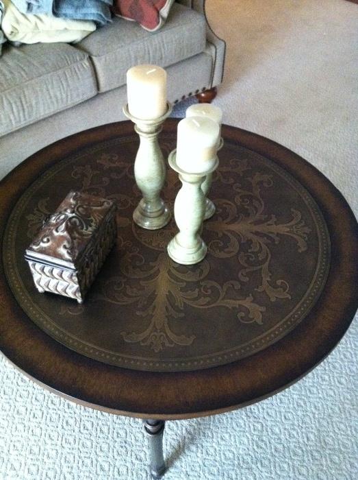 Gorgeous modern coffee table...wood with metal embossed top