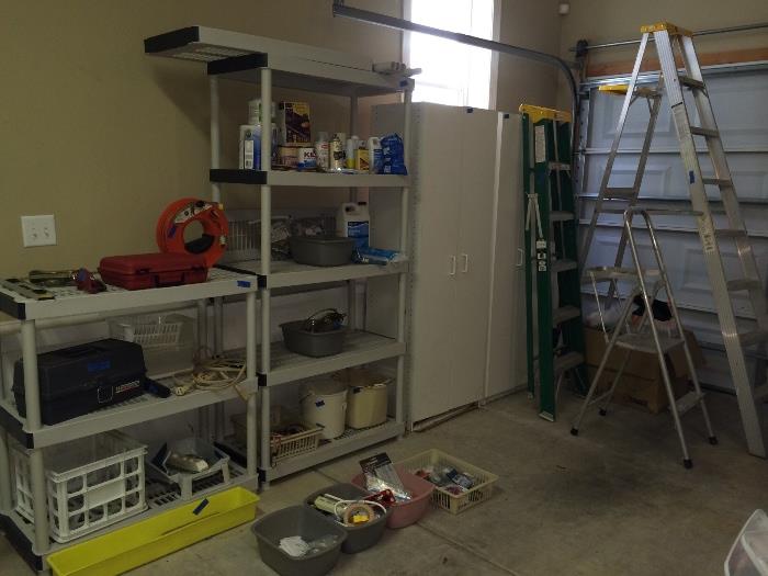 Garage shelves, ladders, cabinets, misc small household accessories