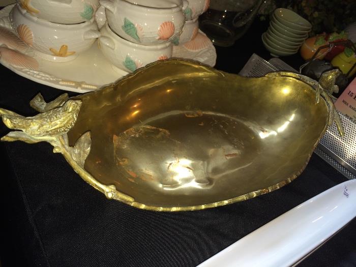 Oblong brass bowl with bird handles