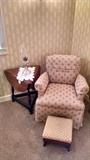 Triangle corner antique table, chair, footstool, oil lamp