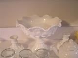Westmoreland milk glass fruit bowl and candlesticks, teapots