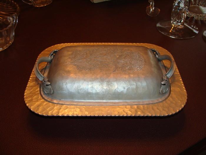 Vintage Hammered Aluminum Serving Tray with Cover