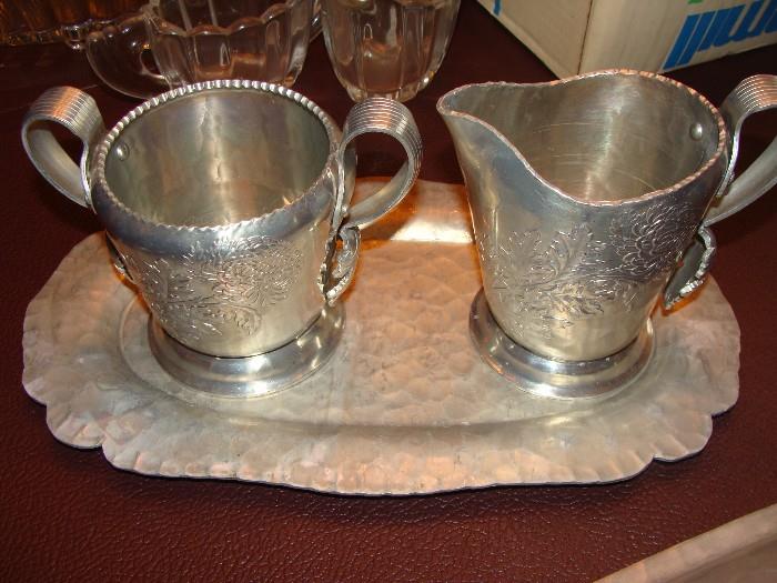 Vintage Hammered Aluminum Sugar & Creamer with Tray