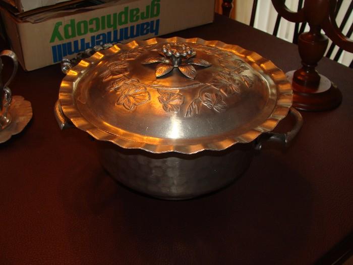 Vintage Hammered Aluminum Covered Bowl with Pie Crust Edge and Floral Design Lid with glass bowl insert