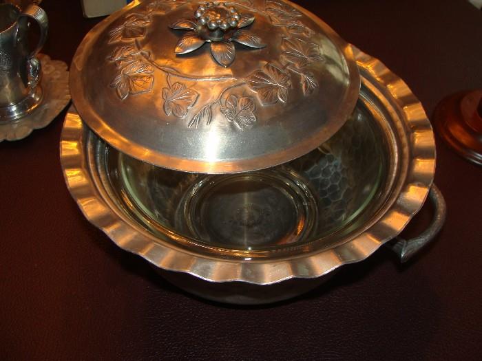 Vintage Hammered Aluminum Covered Bowl with Pie Crust Edge and Floral Design Lid with glass bowl insert
