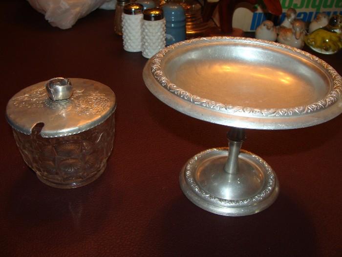 Vintage Hammered Aluminum lidded Jelly & pedestal Compote