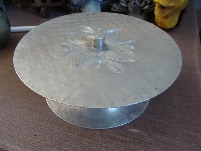 Retro Hammered Aluminum pedestal and lidded Bowl