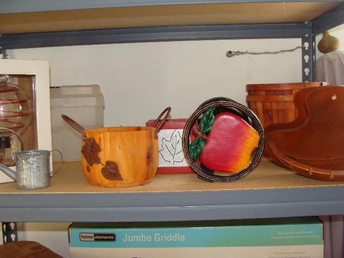 Iron Apple Towel Holder, Wooden Wall Shelves, Slat Basket Planters, Dbl Handled Wooden Bowl, etc.