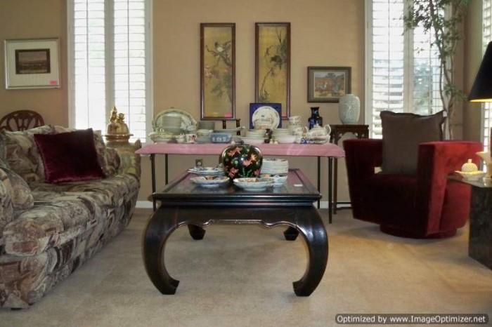 Contemporary sofa and chairs, large oriental coffee table