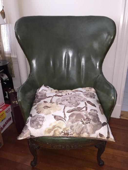 Green Leather Wing-back Chair with nailhead trim