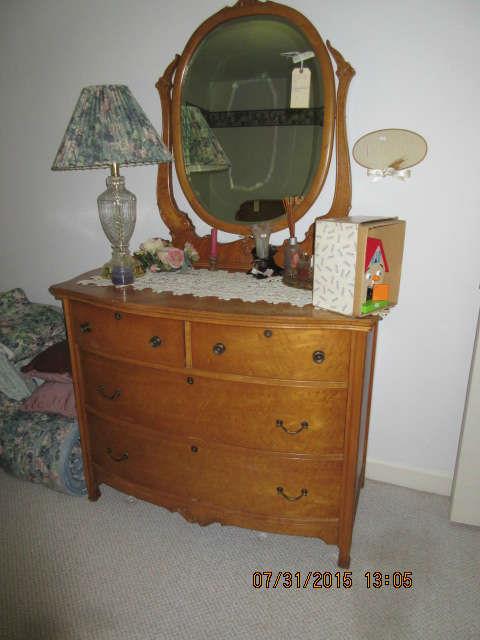 Tiger maple dresser and mirror