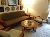 Mid-Century Danish Modern Couch, 2 End Tables, Round Glass Coffee Table, 2 Side  Chairs and Lamps