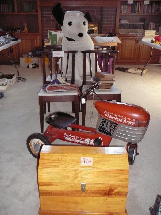 MURRAY AMF TRAC PEDAL TRACTOR - WOODEN TOOL CHEST - MID CENTURY MODERN CHAIRS (SET OF 4 AND MATCHING TABLE - RCA VICTOR NIPPER (HIS MASTERS VOICE ) BY DAKIN