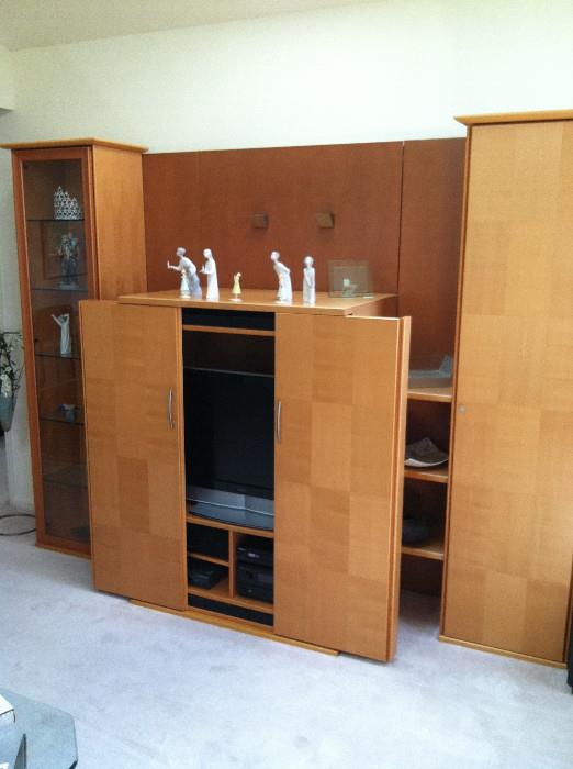 German made Maple ? Birch ? Entertainment Center Danish Modern w Display and Media Electronics Cabinets