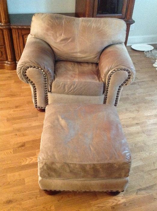 Light Brown Suede Upholstered Chair and Ottoman