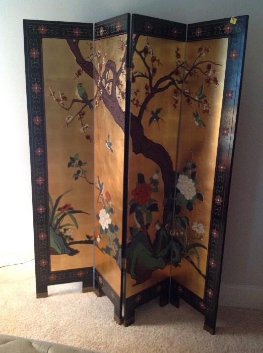Oriental Lacquered Four-Panel Two-Sided Screen/Room Divider  