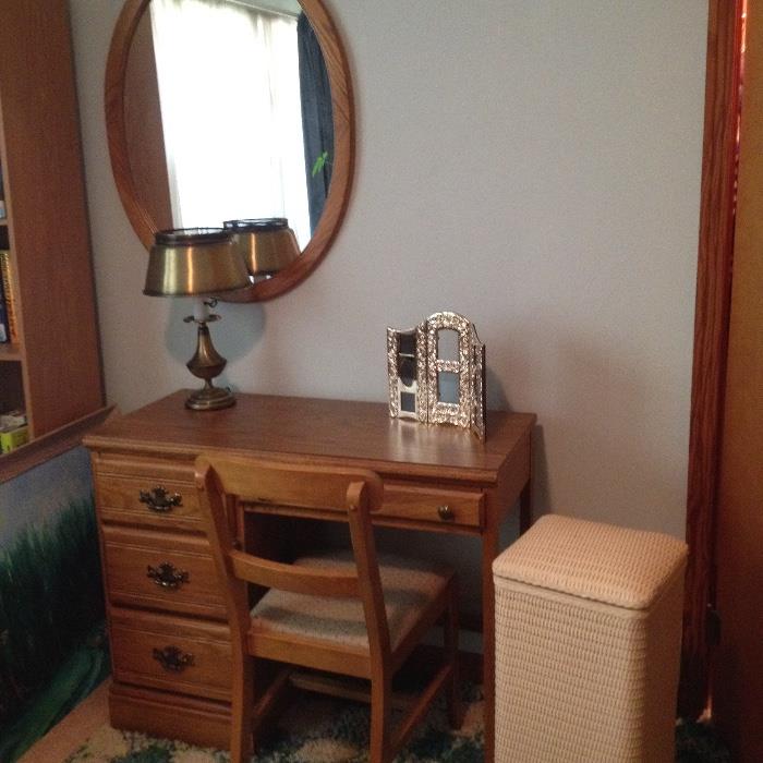Desk, mirrors, and vintage hamper