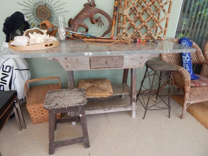 Antique bench and stools