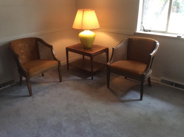 Pair cane chairs in silk, Lane side table