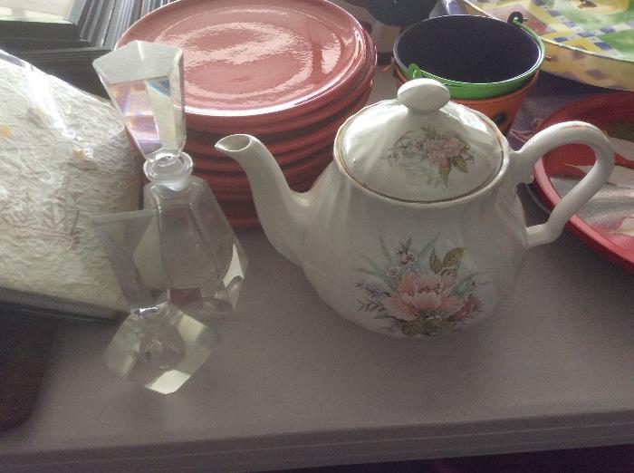 Glass perfume bottles, teapot