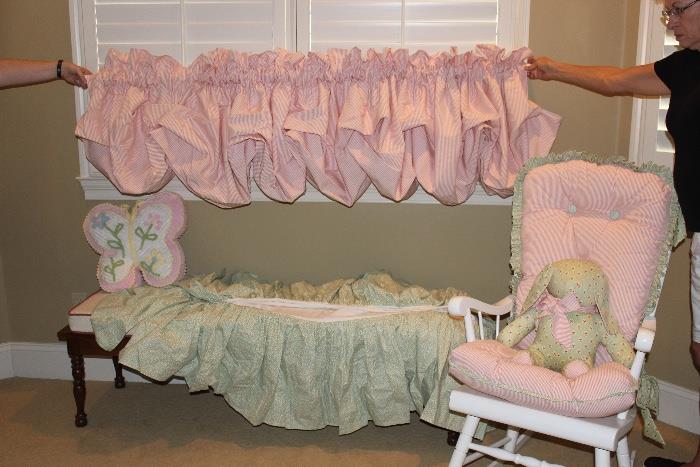 Custom balloon valance. 18 inch custom crib skirt bedding and pillows all matching and sold separately