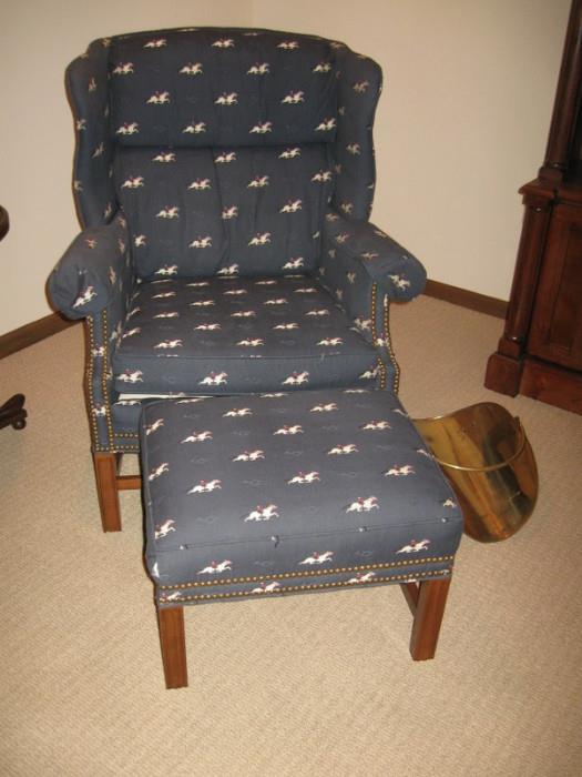 Wing back chair and ottoman -$140.00 custom, guy on horse print