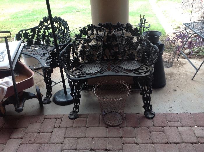 Vintage wrought iron bench chairs tables 