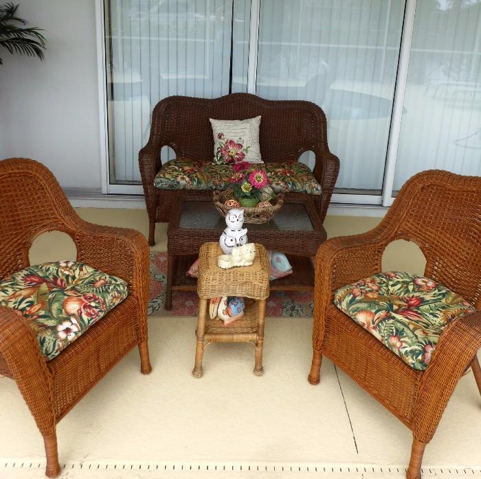 Outdoor Wicker Settee, Chairs and Table with Fish and Owls 