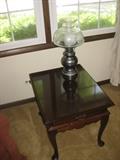 Queen Anne side table, Pewter Hurricane Lamp