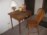 Antique Desk and Spindle back chair, Pink depression lamp