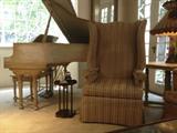 Piano, Dramatic Wing Chair Frame, Occasional Table, Hand painted Pitcher into Table Lamp