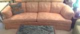 Glamorous Apricot Damask Curved Sofa and Green Marble, Carved Frame Cocktail Table