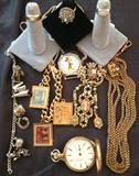 20th Century JEWELRY incl. Sterling Charm Bracelet with Carmen Miranda Charm, & Other Bracelets from Silver, Gold, Elephant Hair, Etc.; Watches, Beads, and Baubles