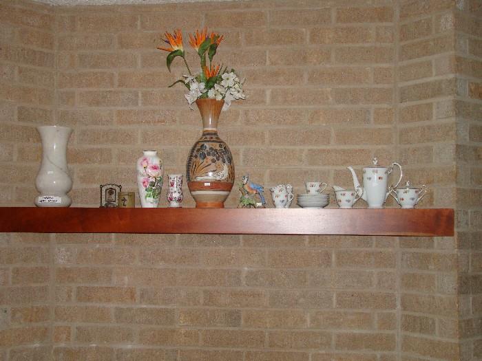 large marble vase on left, Occupied Japan coffee set on right