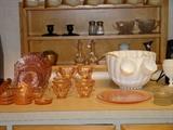 Pink depression glass, Swirl pattern milkglass punch bowl and cups - more cups inside the bowl