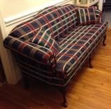 Camel back plaid sofa