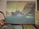 Oil painting of a coast Guard ship by Lt. Commander Marius Peterson, 1940's oil
