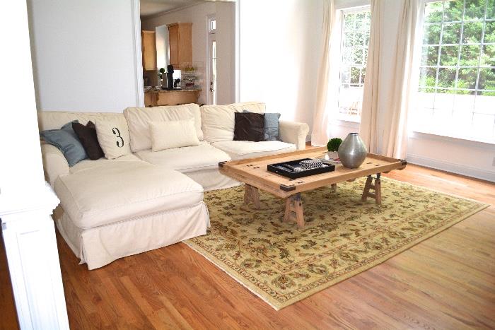 Sectional, Rug, and Restoration Hardware Coffee Table