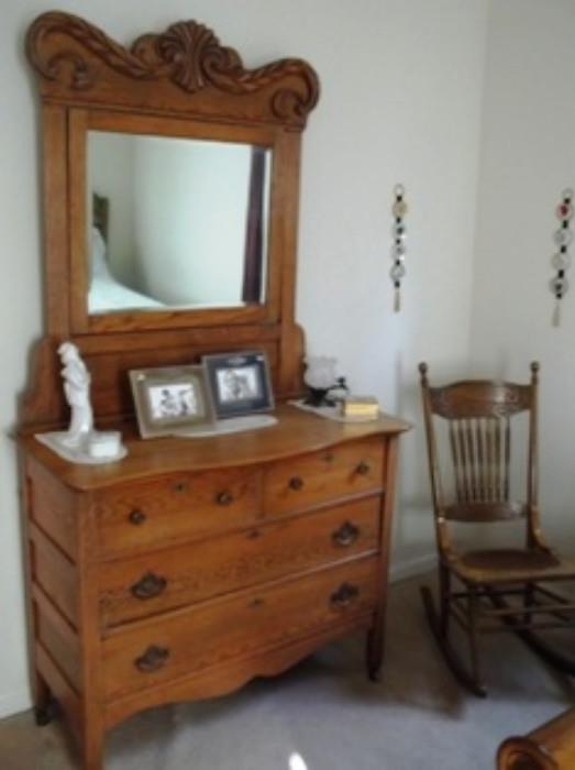 Oak Dresser with beveled mirror to bedroom suit, and oak sewing rocker