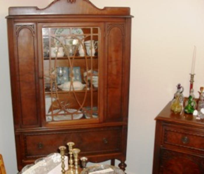 English Oak China Cabinet to dining room suit, stocked full of Lenox Holiday China and other items